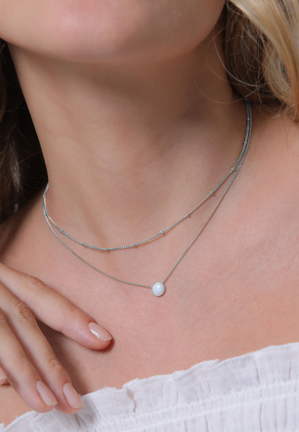Silver Perhiasan Wanita Perak Asli - Silver Kalung  Choker Satellite Chain Layer Trend Synthetic Opal