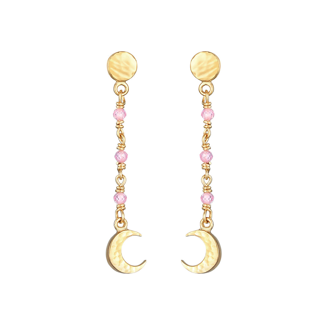 Gold Perhiasan Wanita Perak Asli - Silver Anting Moon Plate Structure Pink Quartz Lapis Emas