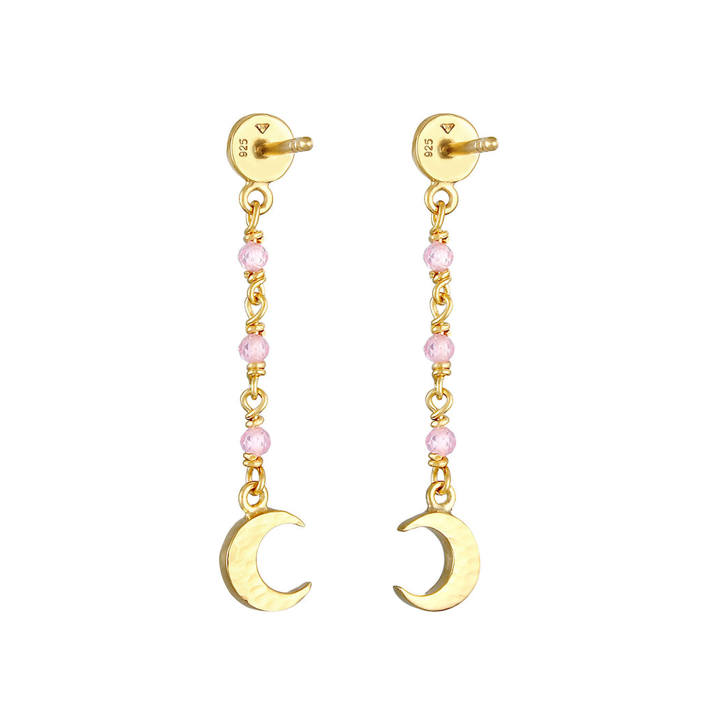 Gold Perhiasan Wanita Perak Asli - Silver Anting Moon Plate Structure Pink Quartz Lapis Emas