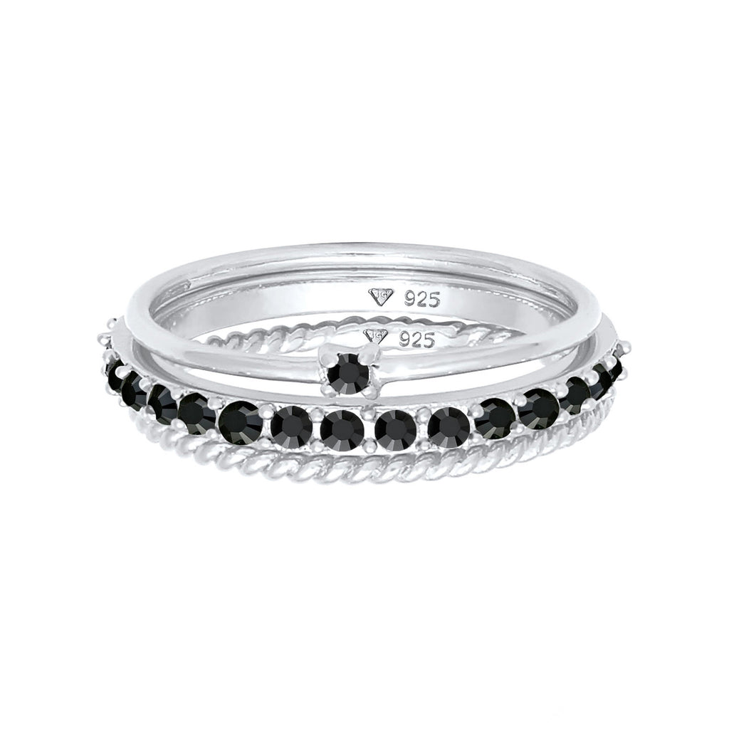 Ring Stack Set Elegant Solitaire Twisted Trends Black Embellished with Crystals by Swarovski® 925 Sterling Silver