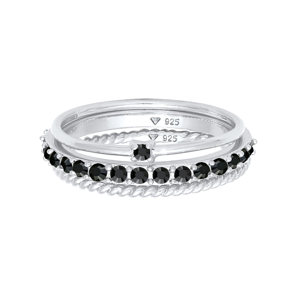 Ring Stack Set Elegant Solitaire Twisted Trends Black Embellished with Crystals by Swarovski® 925 Sterling Silver