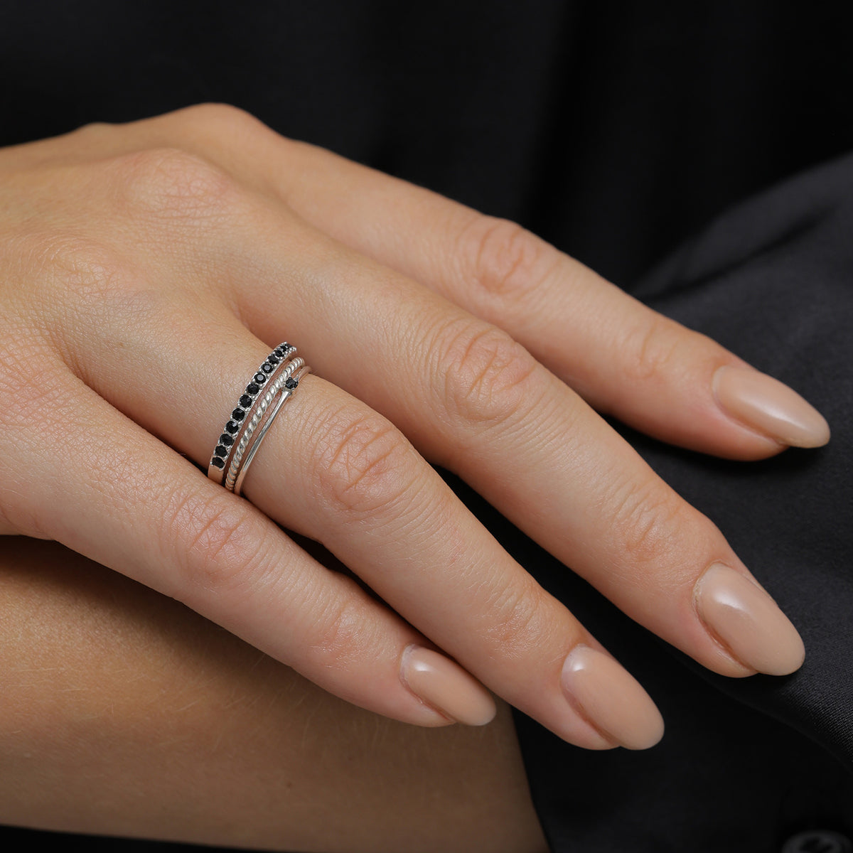 Silver - Elli | Twisted Ring Set 925 Silver Black – Embellished with Crystals by Swarovski®