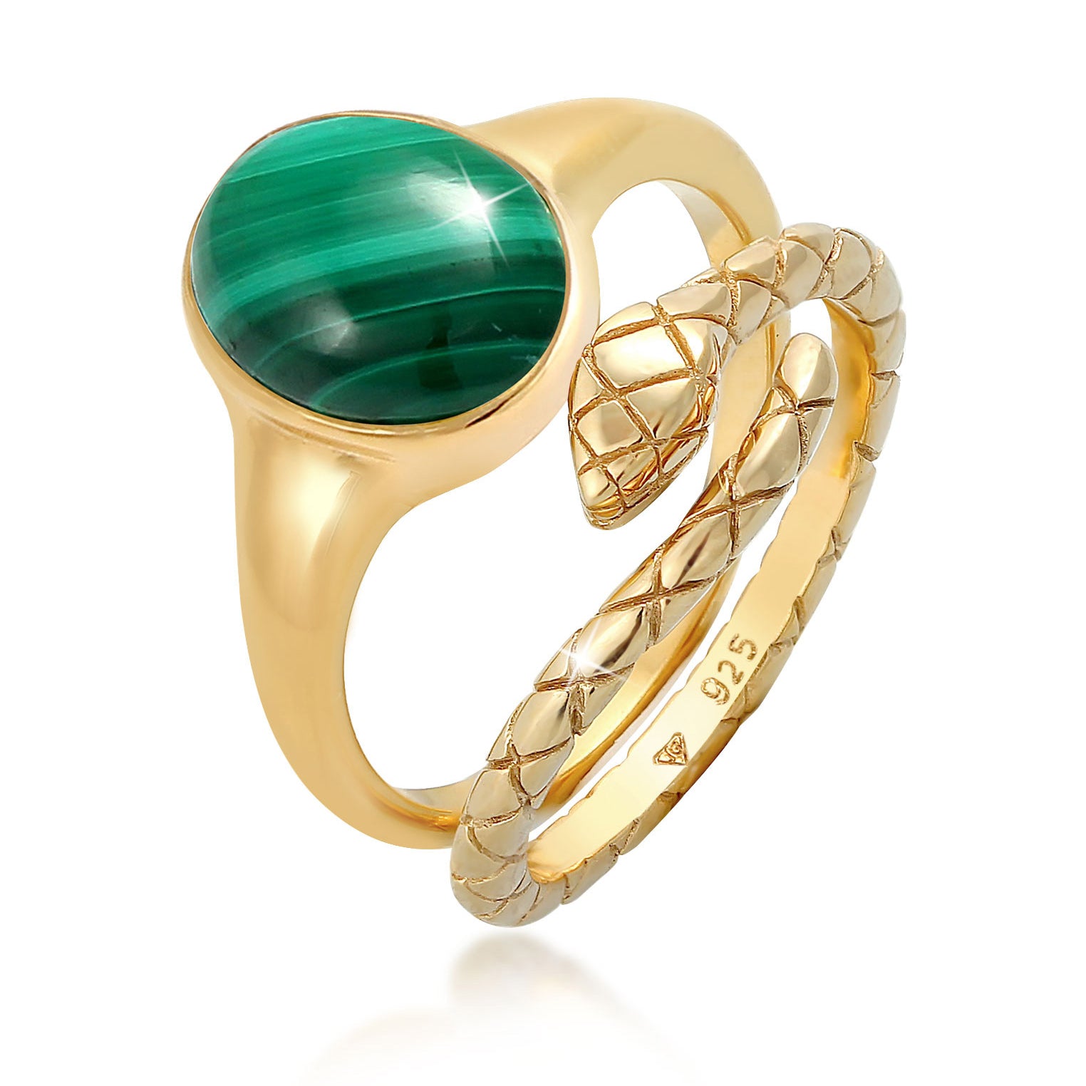 Gold Cincin Perhiasan Perak 925 Wanita Set Signet Malachite Snake Trend Blogger Gold Plated