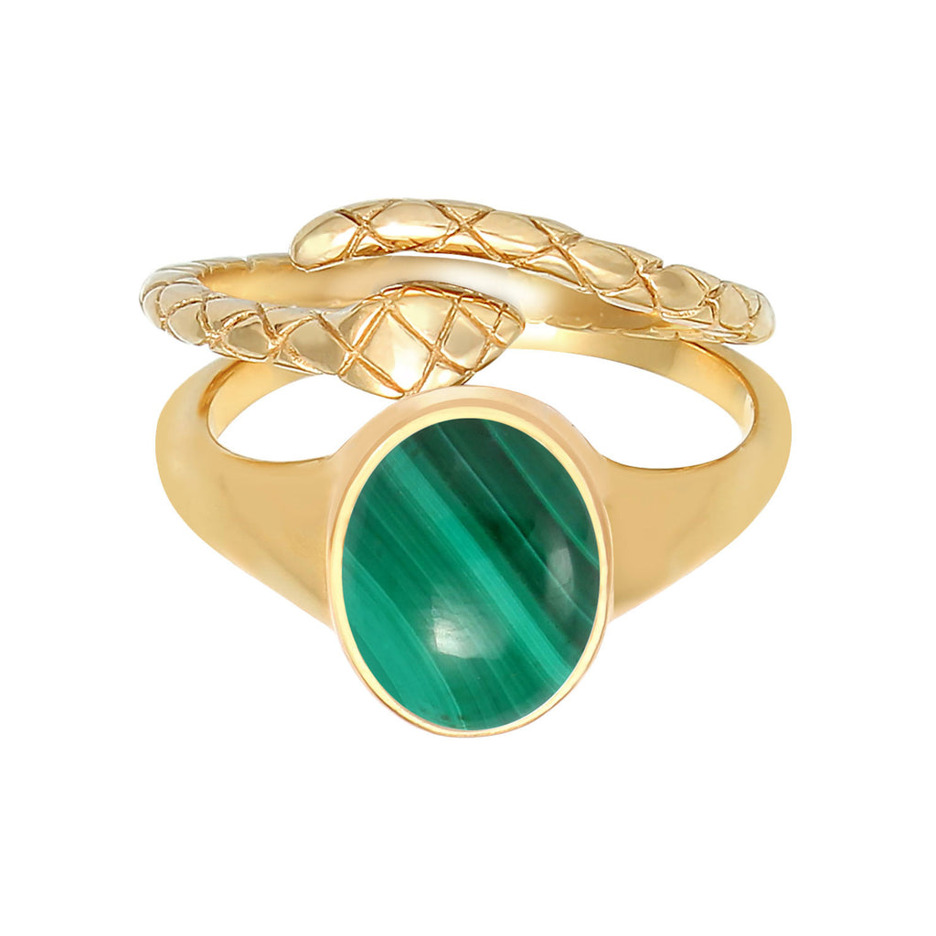 Gold Cincin Perhiasan Perak 925 Wanita Set Signet Malachite Snake Trend Blogger Gold Plated