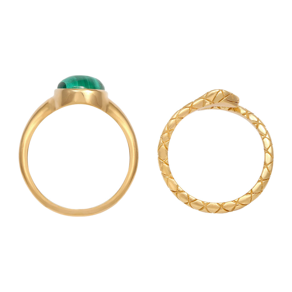 Gold Cincin Perhiasan Perak 925 Wanita Set Signet Malachite Snake Trend Blogger Gold Plated