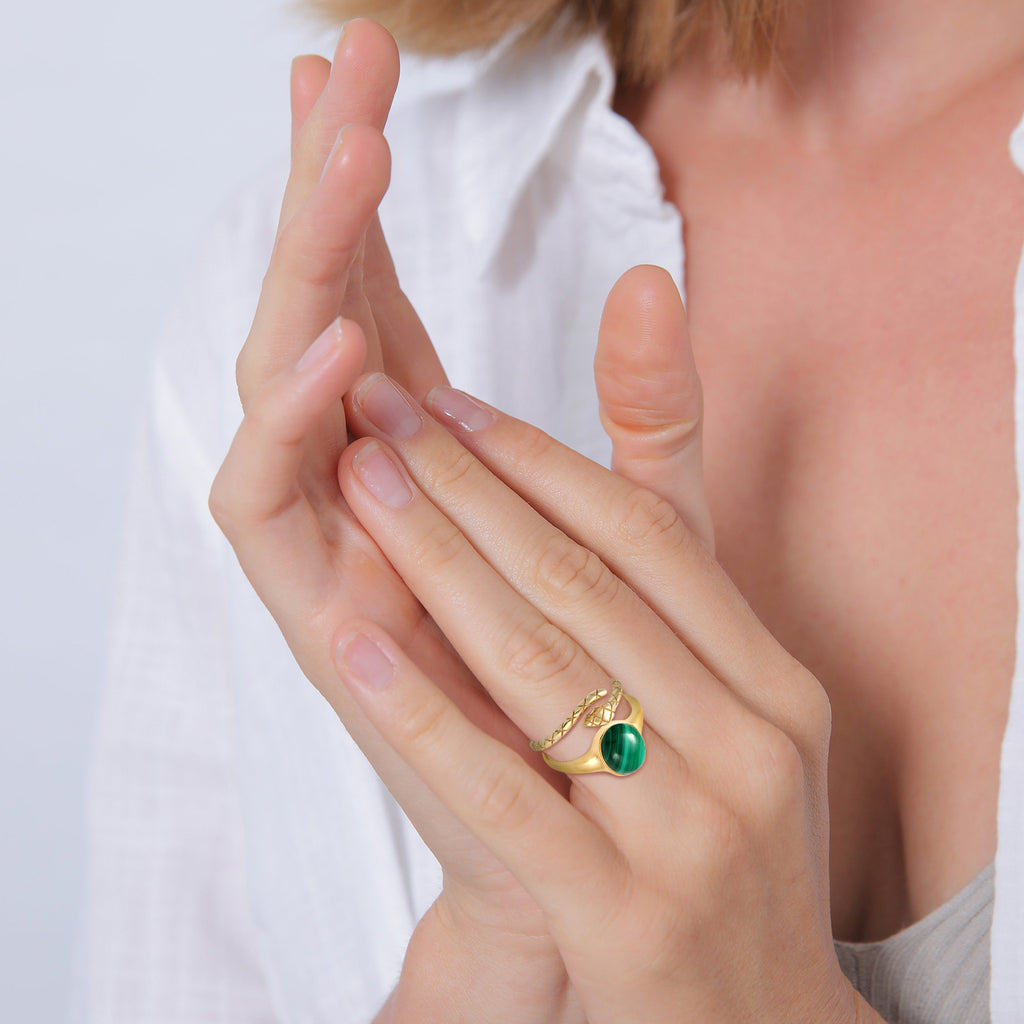 Gold - Elli PREMIUM | Malachite Snake Ring Set 925 Silver Gold Plated