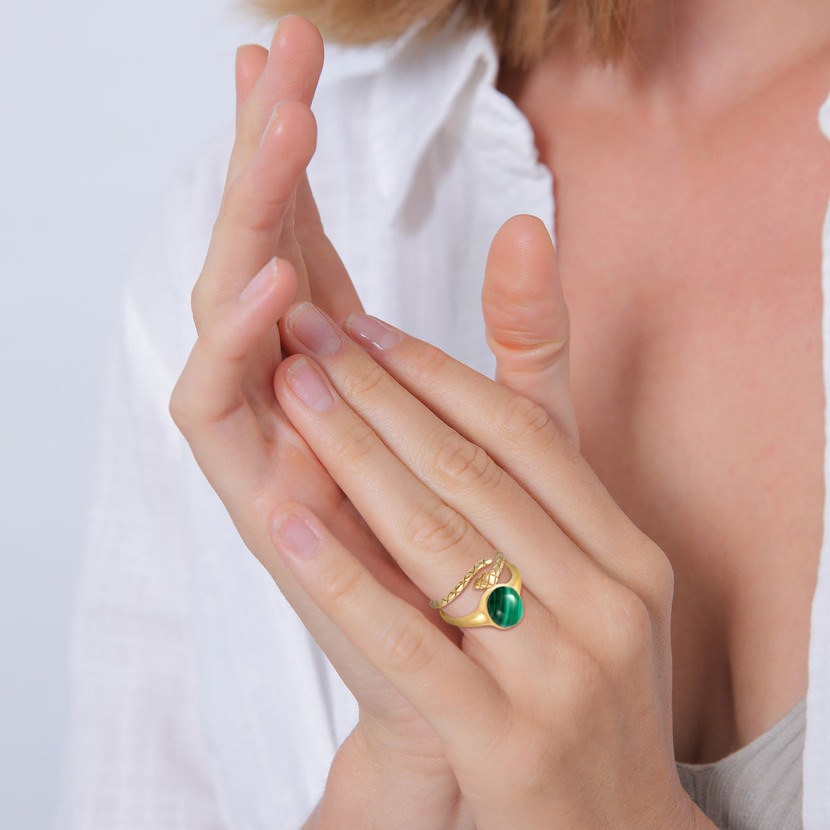 Gold - Elli PREMIUM | Malachite Snake Ring Set 925 Silver Gold Plated
