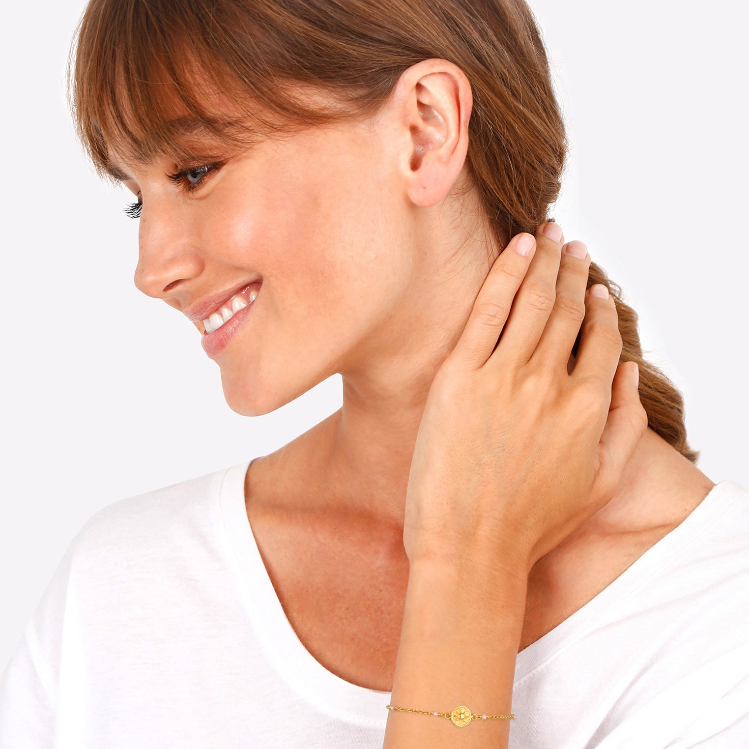 Gold Gelang Perhiasan Perak 925 Wanita Coin Sun Vintage Pink Quartz Gold Plated