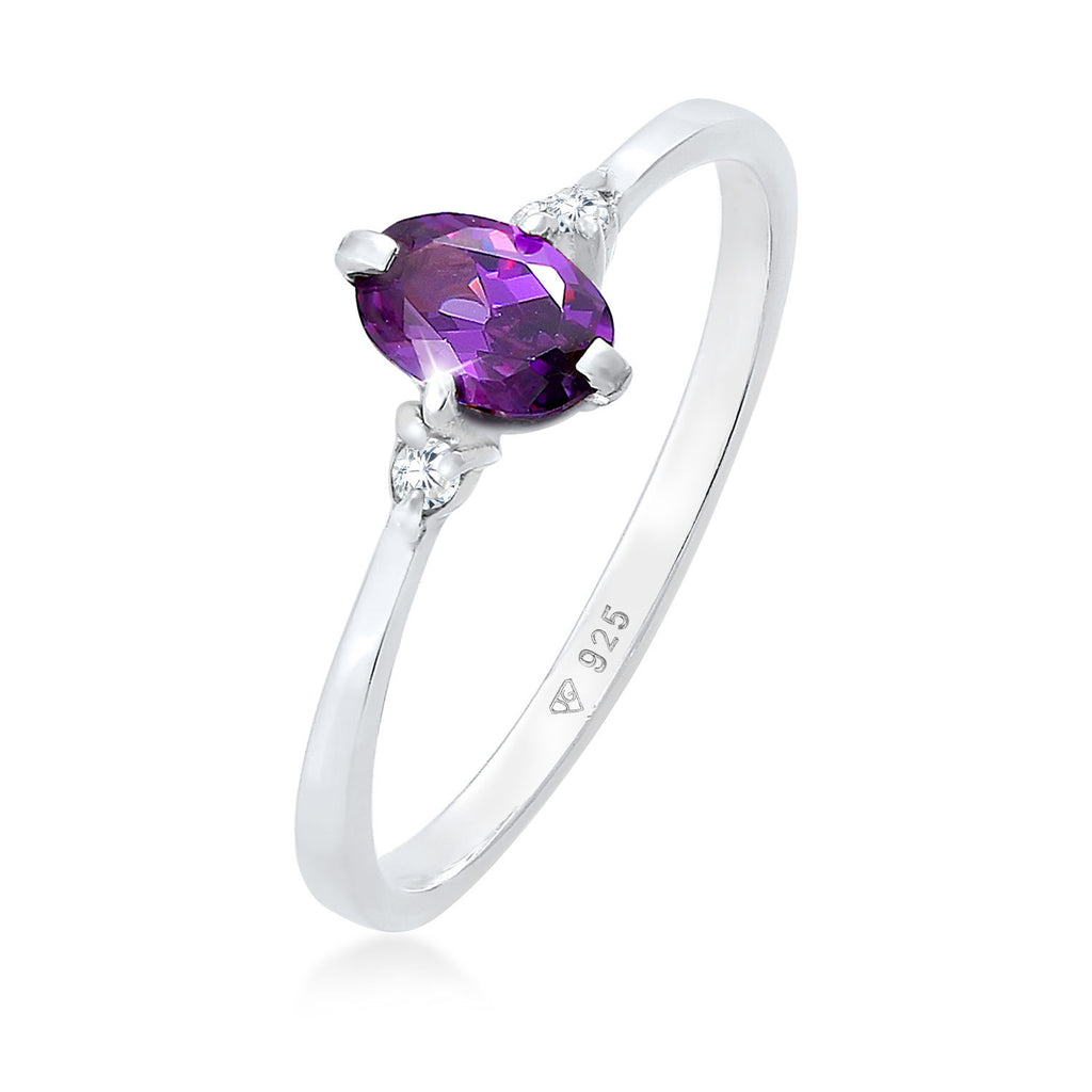 Ring Solitaire Engagement Purple Sparkling Cubic Zirconia Crystals In 925 Sterling Silver