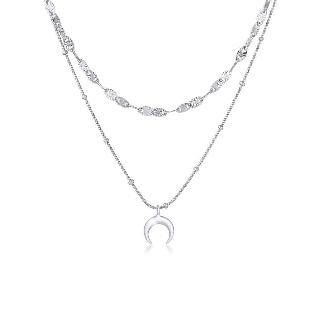 Silver Perhiasan Wanita Perak Asli - Silver Kalung  Layer Plate Half Moon Astro Trend