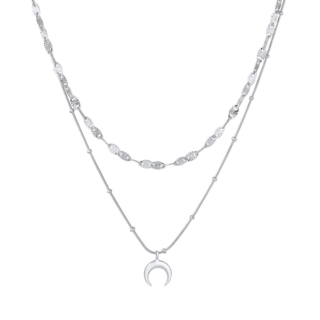 Silver Perhiasan Wanita Perak Asli - Silver Kalung  Layer Plate Half Moon Astro Trend