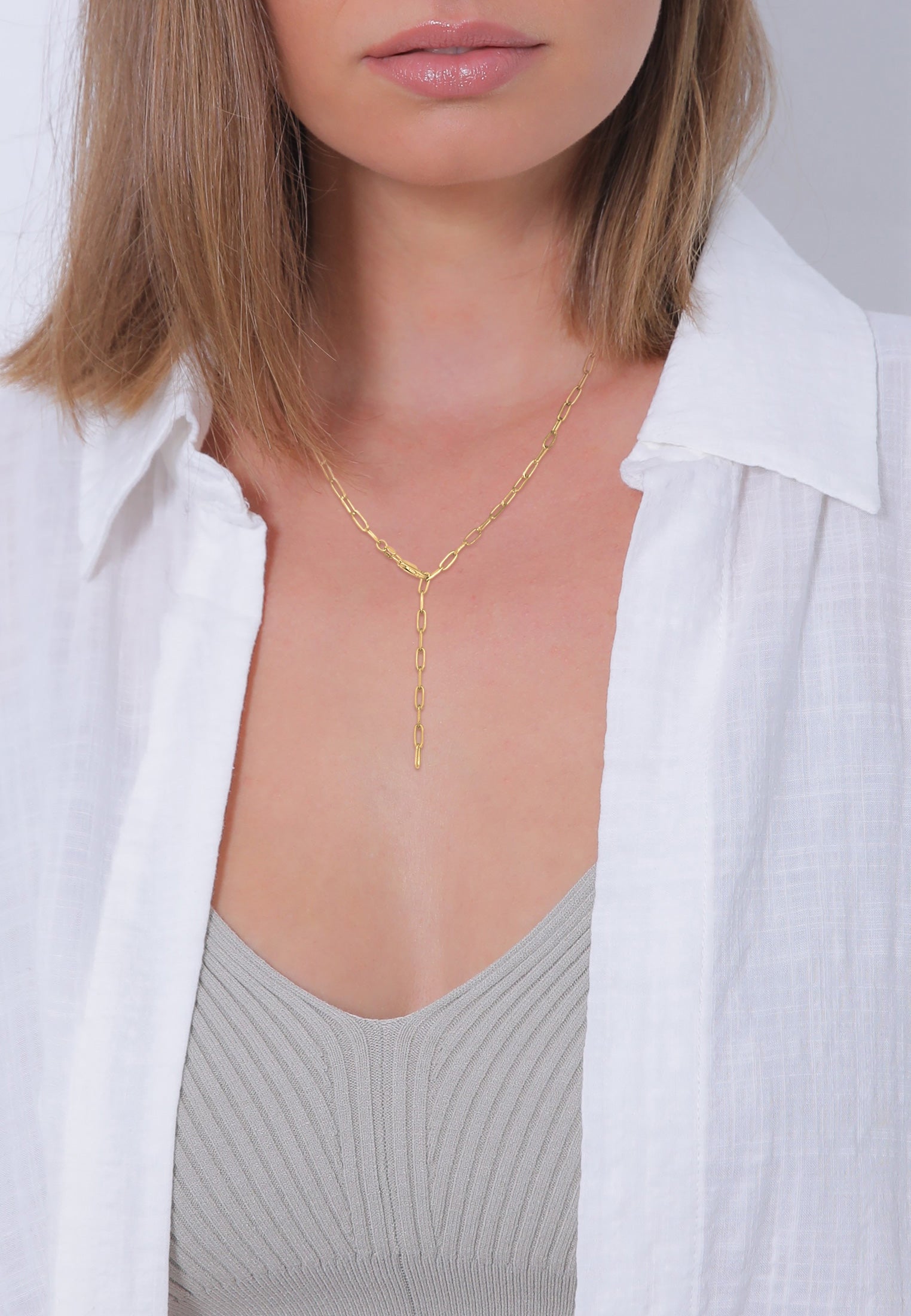 Gold Perhiasan Wanita Perak Asli - Silver Kalung  Y-Chain Links Oval Coarse Timeless Lapis Emas