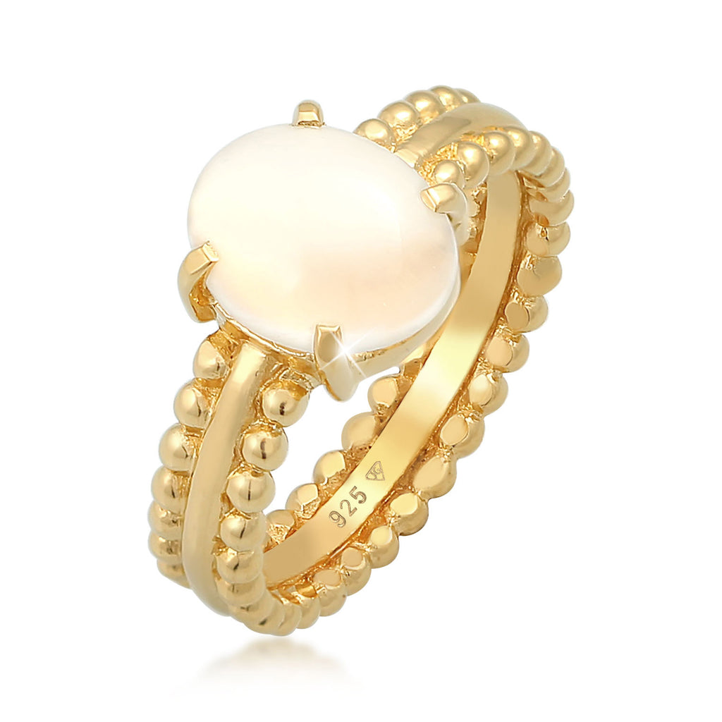 Gold Cincin Perhiasan Perak 925 Wanita Chunky Glamour Moonstone Gold Plated