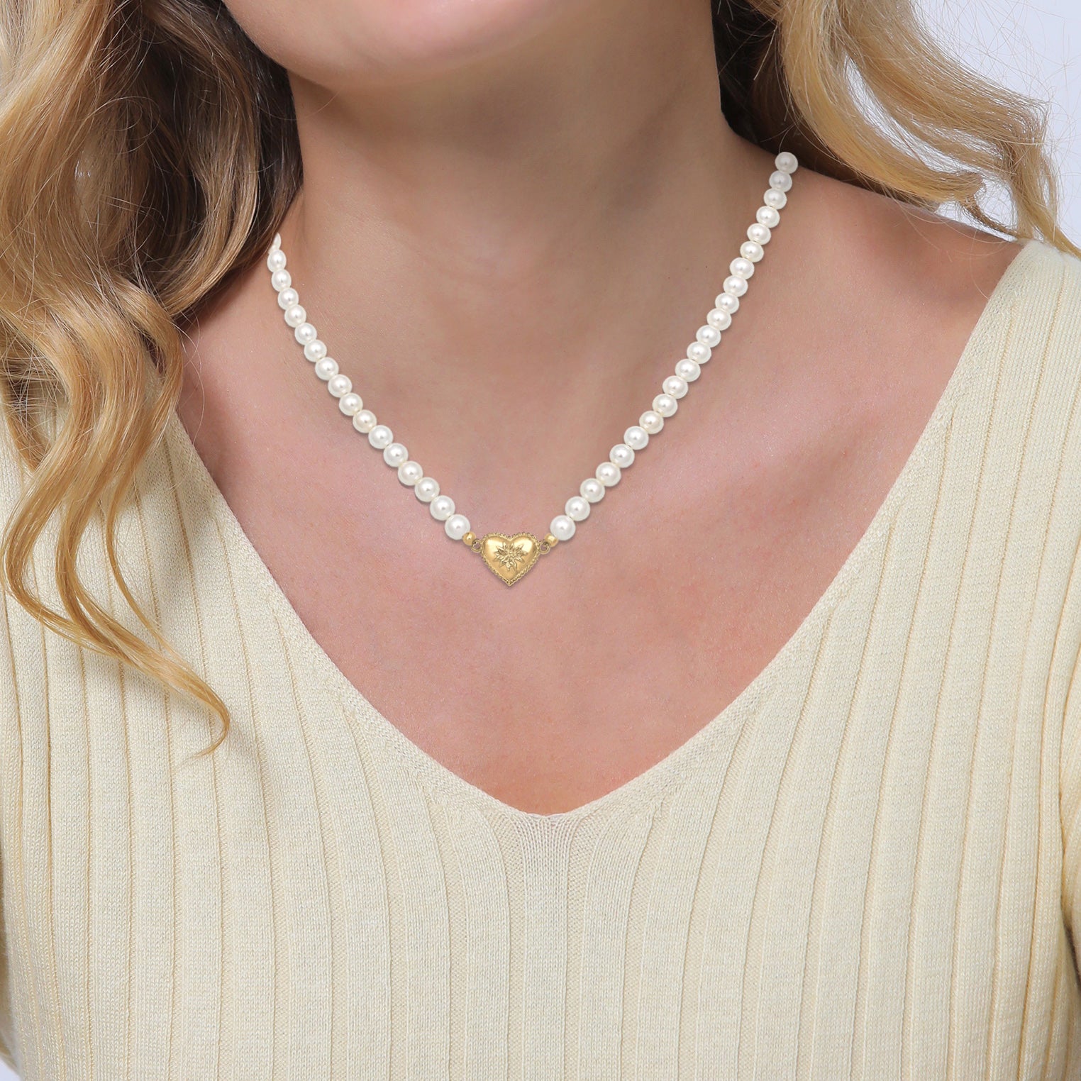 Gold Perhiasan Wanita Perak Asli - Silver Kalung  Choker Heart Edelweiss Shell Core Pearl Lapis Emas