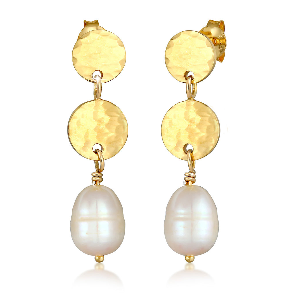 Gold Perhiasan Wanita Perak Asli - Silver Anting Drop Hammered Baroque Freshwater Pearls Lapis Emas