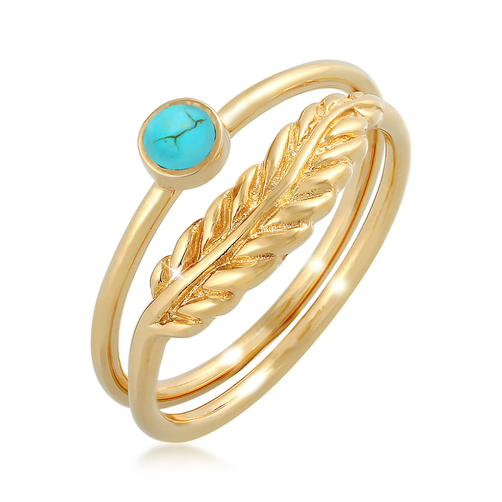 Gold Cincin Perhiasan Perak 925 Wanita Set Feather Howlite Turquoise Gold Plated