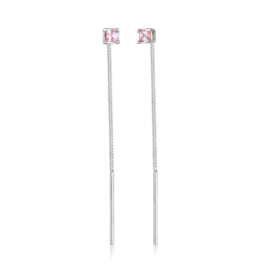 Silver Anting Perhiasan Perak 925 Wanita Pull Through Square Pale Pink Zirconia Crystals