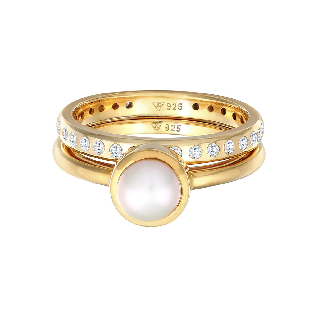 Gold Cincin Perhiasan Perak 925 Wanita Eternity Set Of 2 with Freshwater Pearl Gold Plated