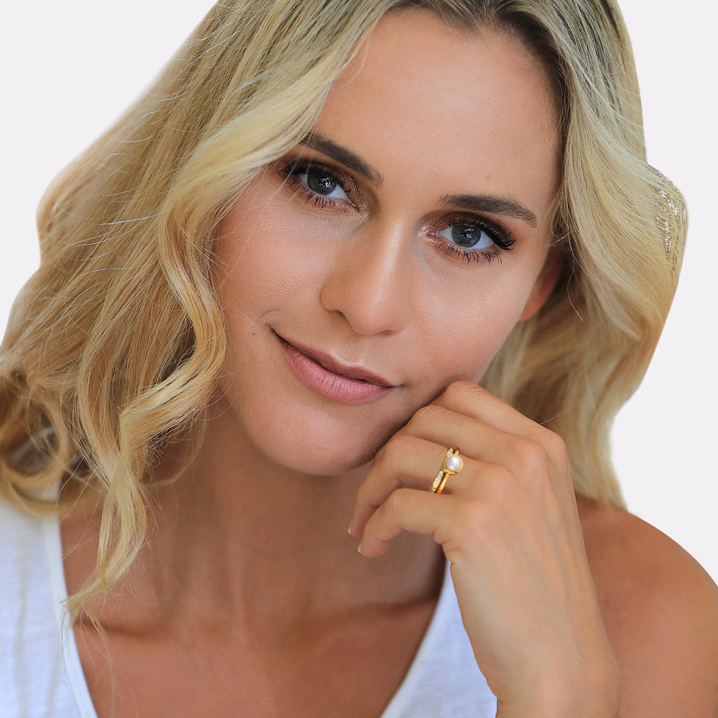 Gold Cincin Perhiasan Perak 925 Wanita Eternity Set Of 2 with Freshwater Pearl Gold Plated