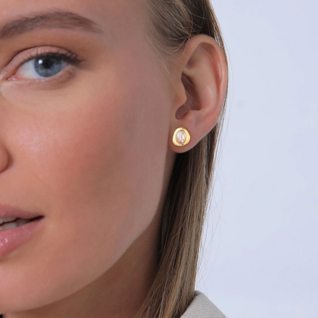 Gold Perhiasan Wanita Perak Asli - Silver Anting Gemstone Stud Quartz Gold Plated