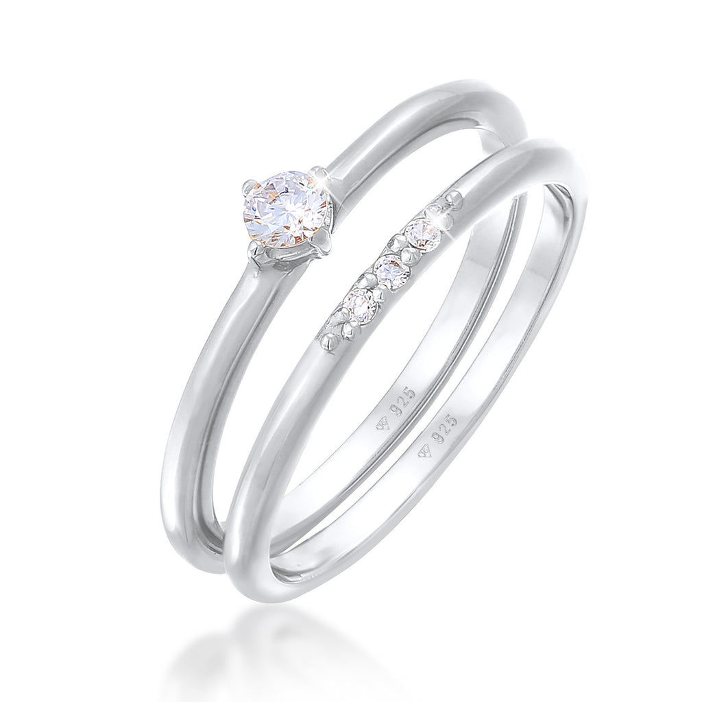 Silver Cincin Perhiasan Perak 925 Wanita Stack Ring Set Solitaire with Zirconia