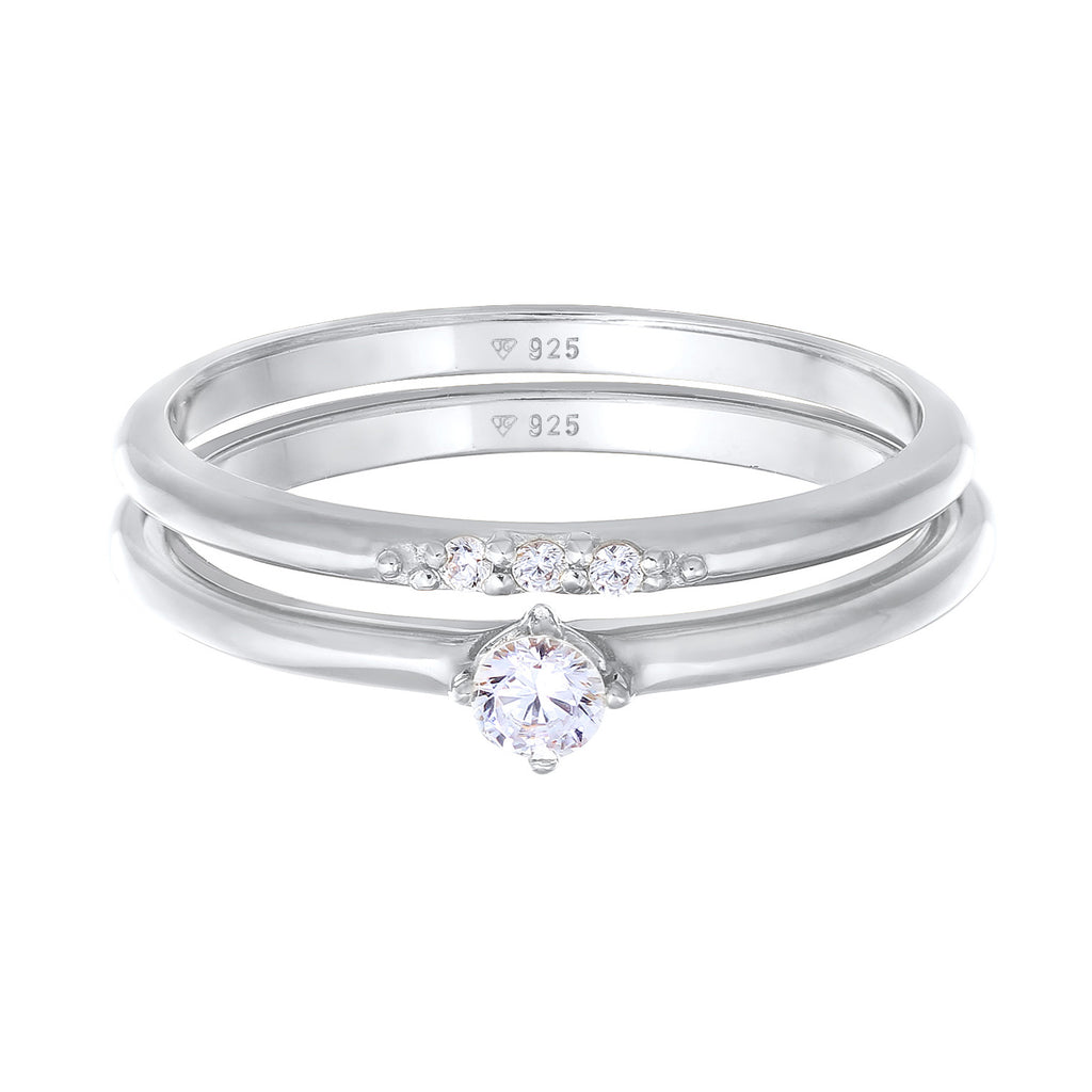 Silver Cincin Perhiasan Perak 925 Wanita Stack Ring Set Solitaire with Zirconia