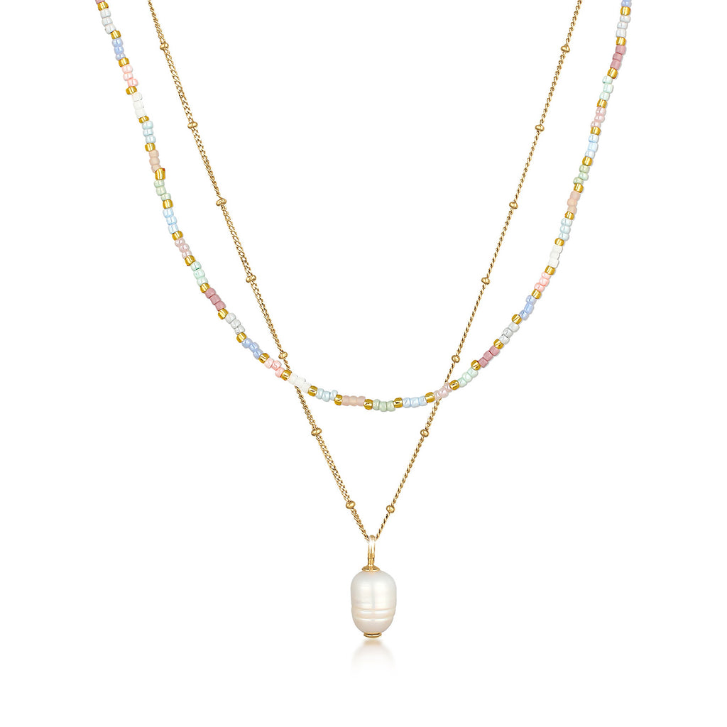 Pastel Bead Layered Necklace 925 Silver Gold Plated Freshwater Pearl