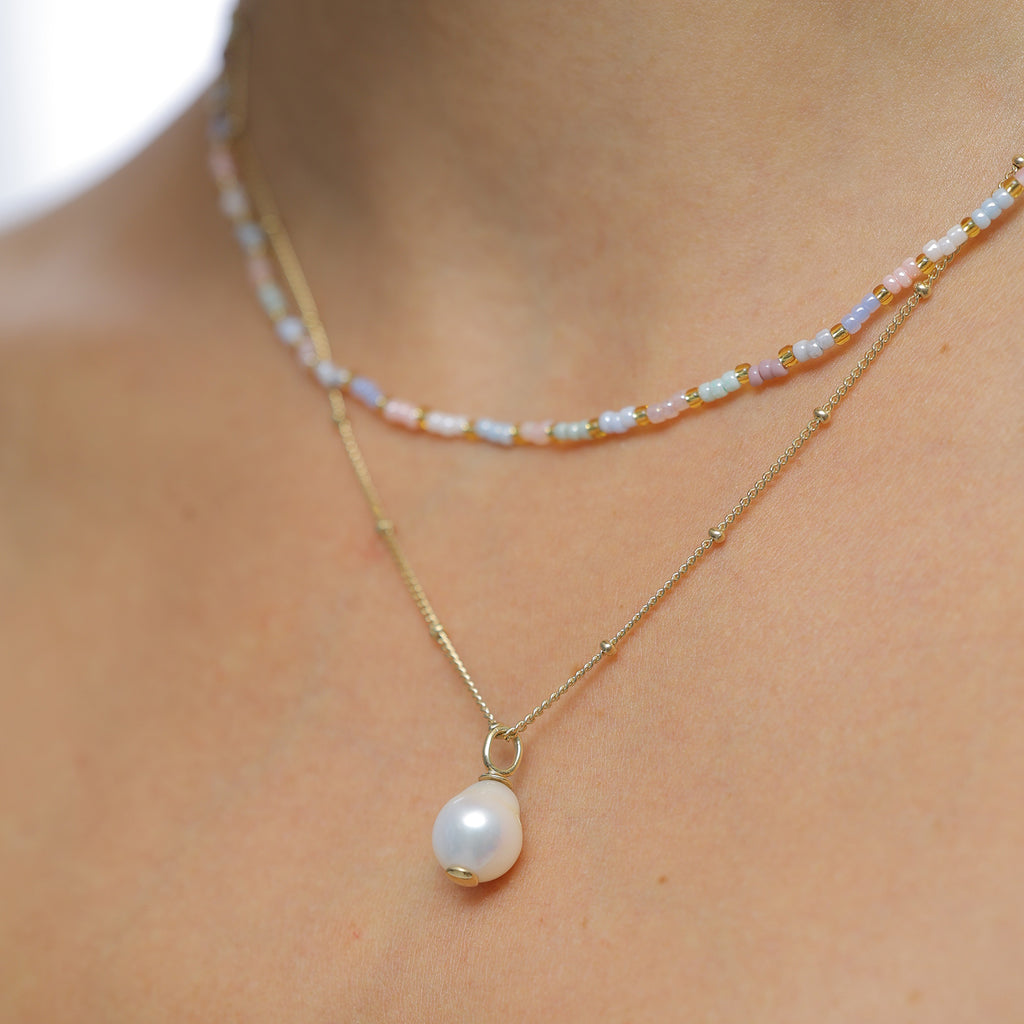 Gold - Elli | Pastel Bead Layered Necklace 925 Silver Gold Plated Freshwater Pearl