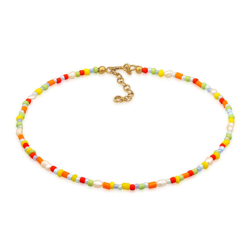 Gelang kaki perak 925 lapis emas dengan beads warna warni dan mutiara elegan Elli Jewelry