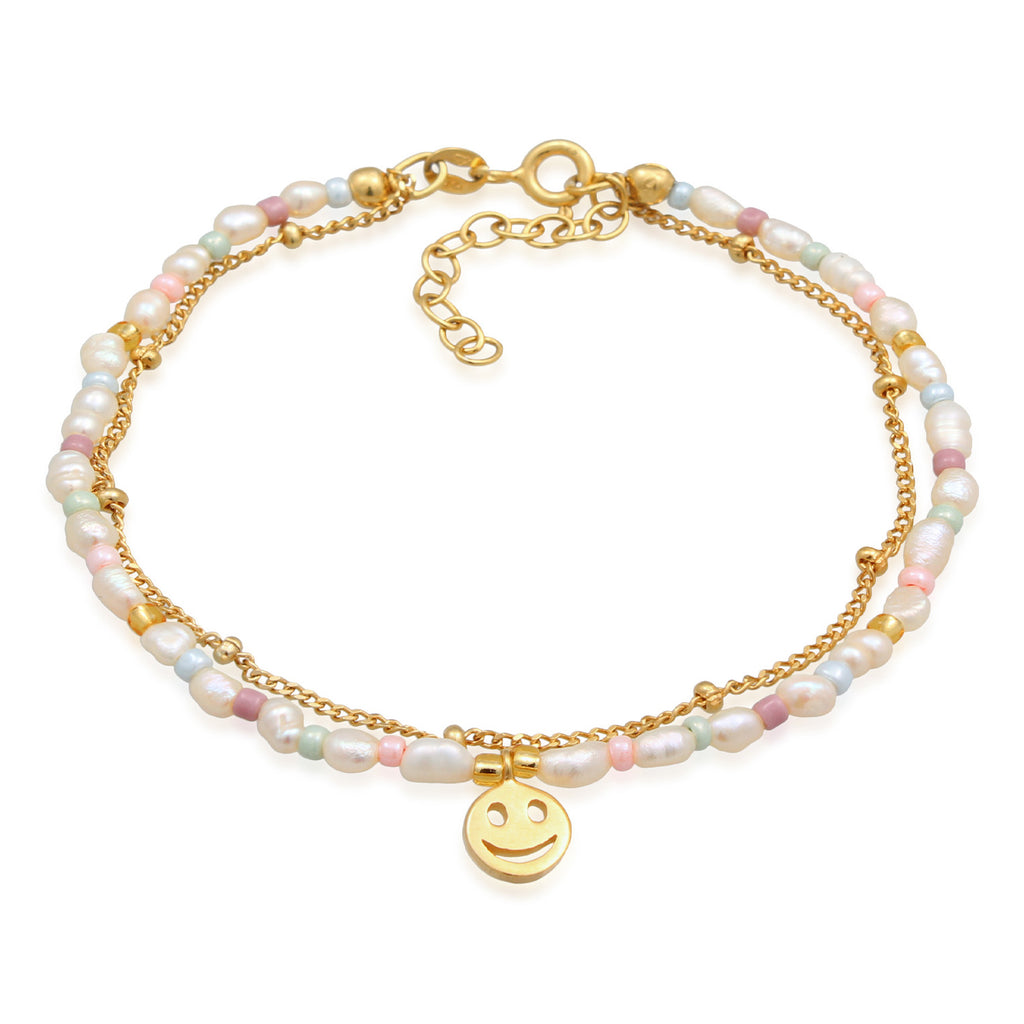Gold Perhiasan Wanita Perak Asli - Silver Gelang Smiling Face Beads Layer Freshwater Pearls