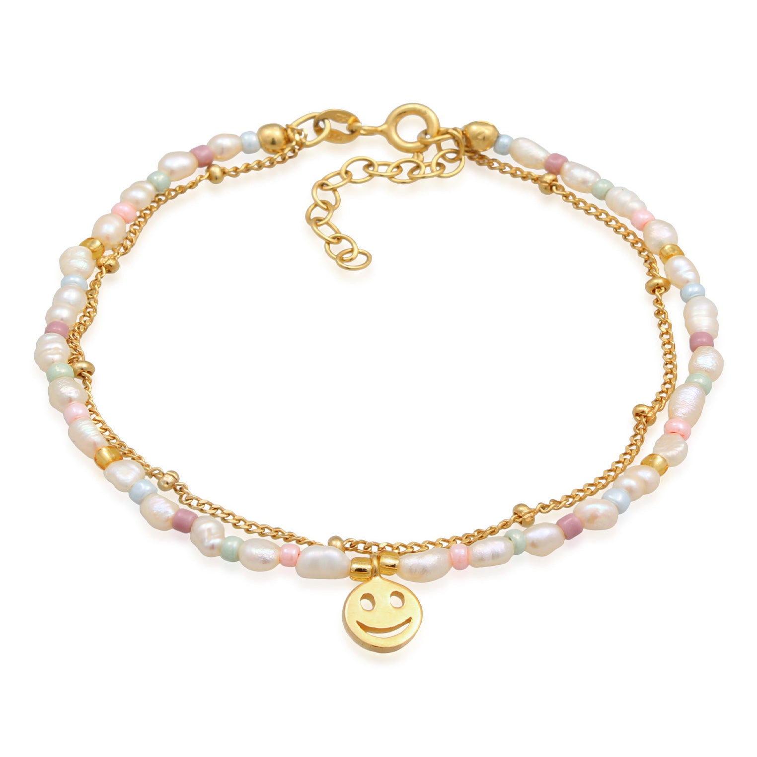 Gold Perhiasan Wanita Perak Asli - Silver Gelang Smiling Face Beads Layer Freshwater Pearls