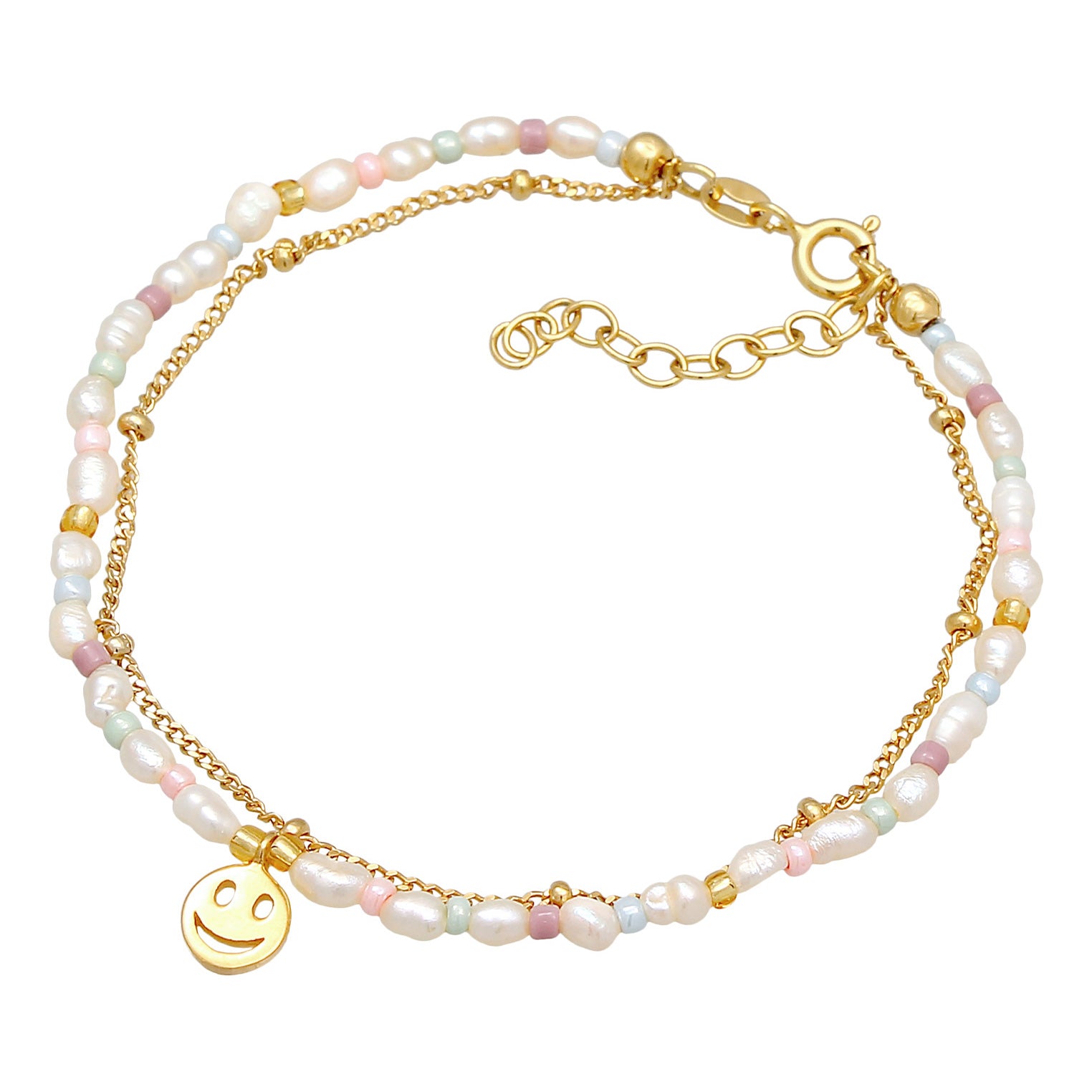 Gold Perhiasan Wanita Perak Asli - Silver Gelang Smiling Face Beads Layer Freshwater Pearls