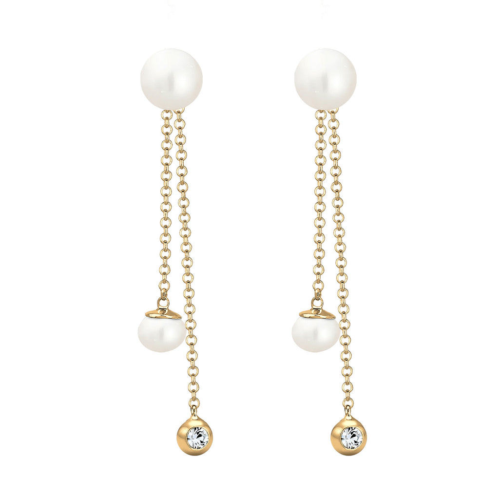 Gold Perhiasan Wanita Perak Asli - Silver Anting Solitaire Crystal And Freshwater Pearl Gold Plated