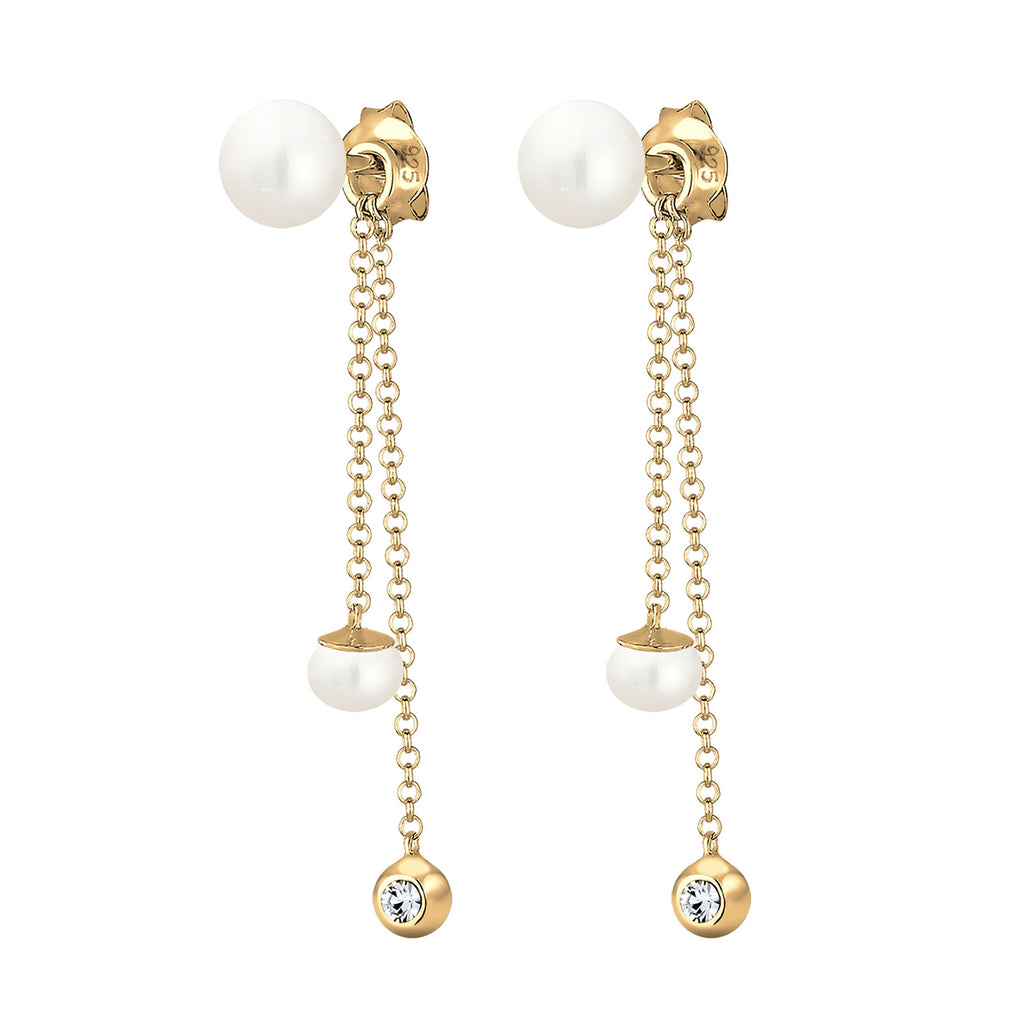 Gold Perhiasan Wanita Perak Asli - Silver Anting Solitaire Crystal And Freshwater Pearl Gold Plated