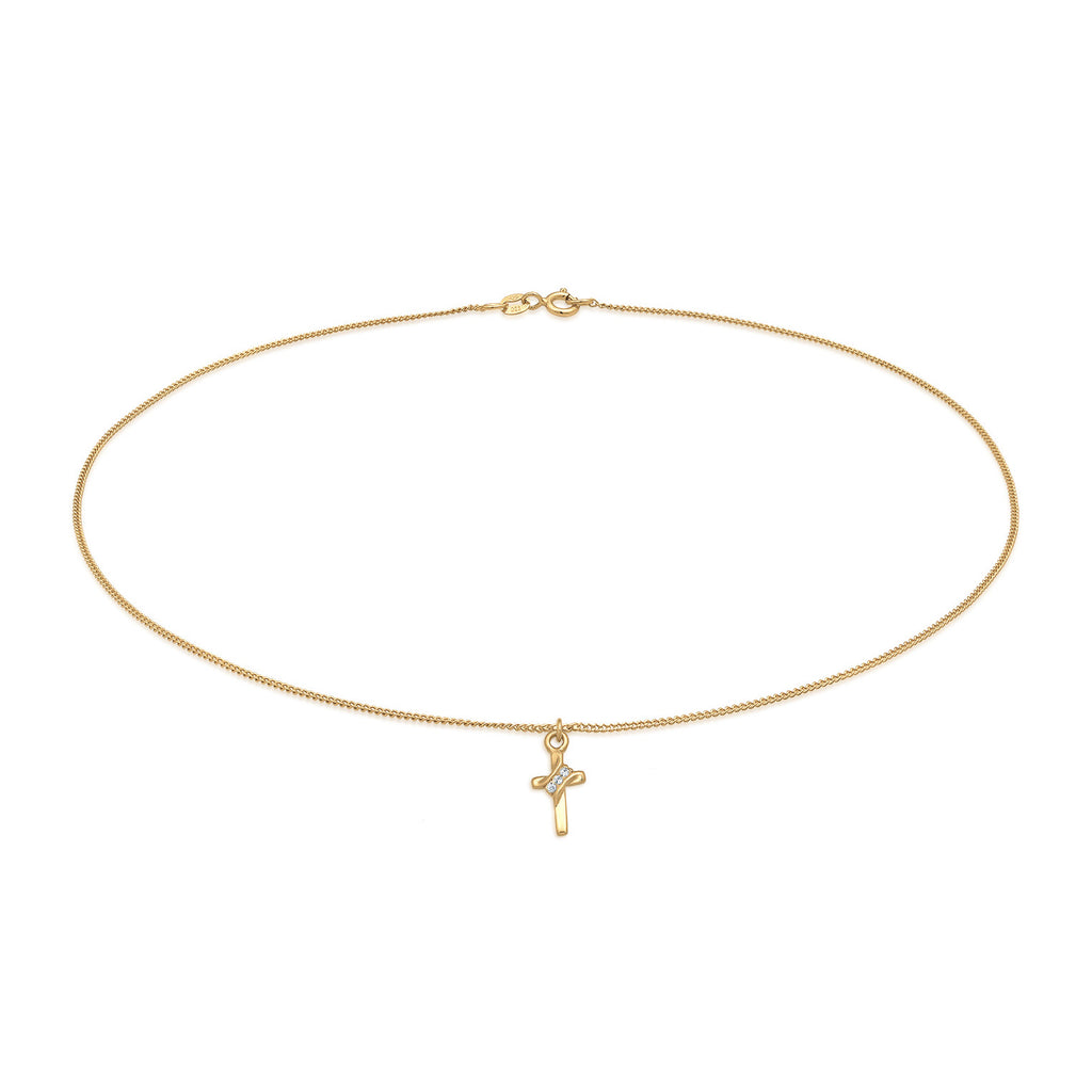 Gold Kalung Perhiasan Perak 925 Wanita Choker Cross Pendant Plain Crystal Gold Plated