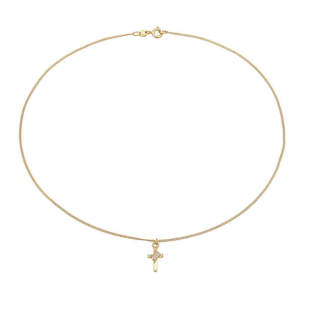 Gold Kalung Perhiasan Perak 925 Wanita Choker Cross Pendant Plain Crystal Gold Plated