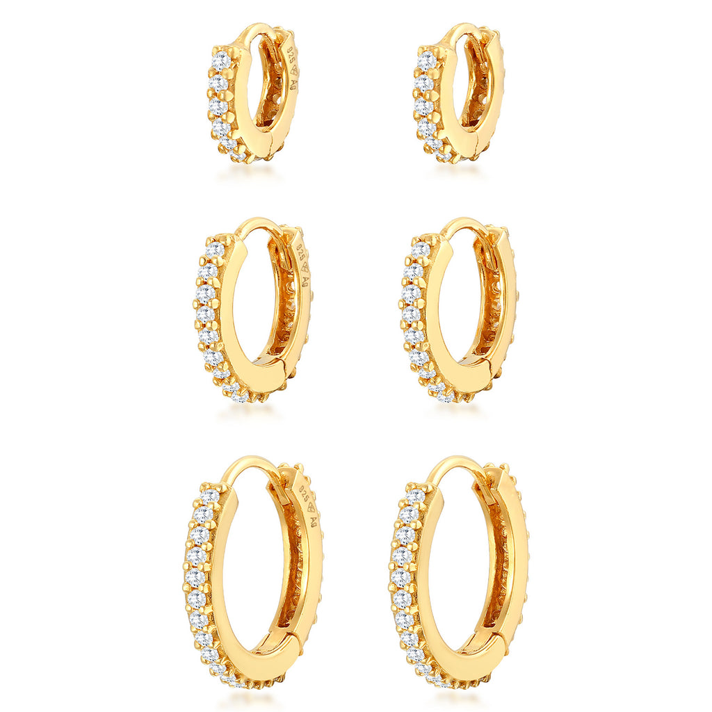 Gold Anting Perhiasan Perak 925 Wanita Creoles Elegant Set Of 3 Zirconia Crystals Gold Plated