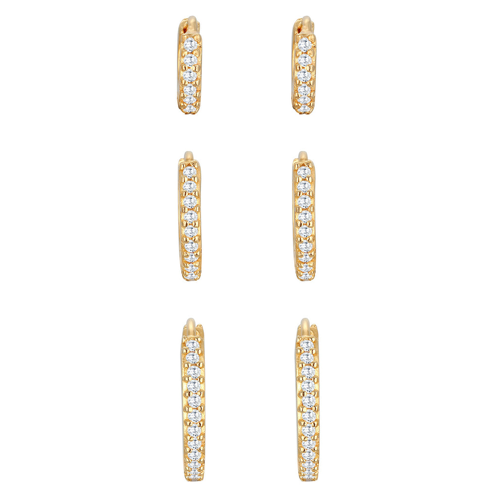 Gold Anting Perhiasan Perak 925 Wanita Creoles Elegant Set Of 3 Zirconia Crystals Gold Plated