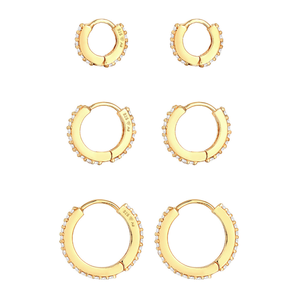 Gold Anting Perhiasan Perak 925 Wanita Creoles Elegant Set Of 3 Zirconia Crystals Gold Plated