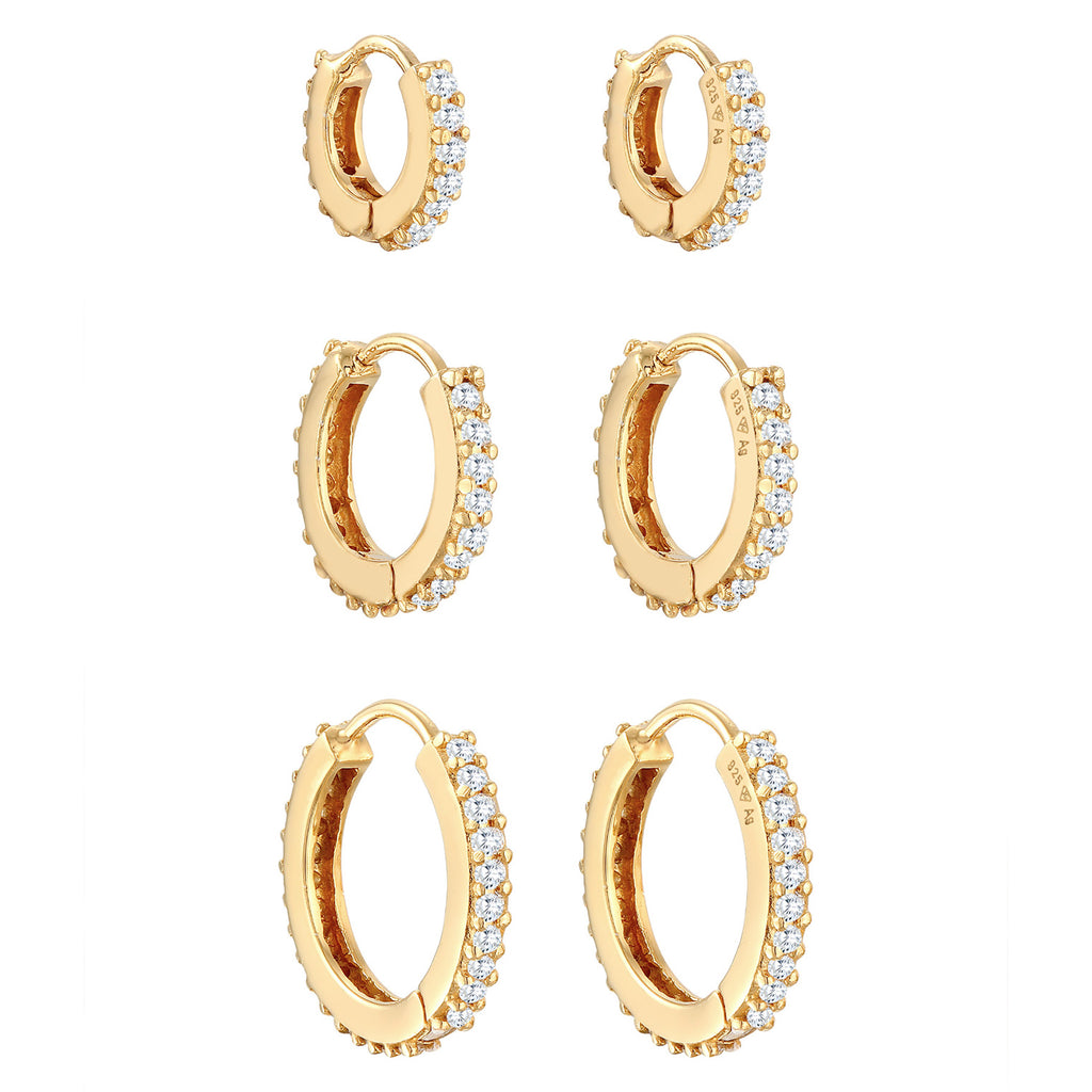 Gold Anting Perhiasan Perak 925 Wanita Creoles Elegant Set Of 3 Zirconia Crystals Gold Plated