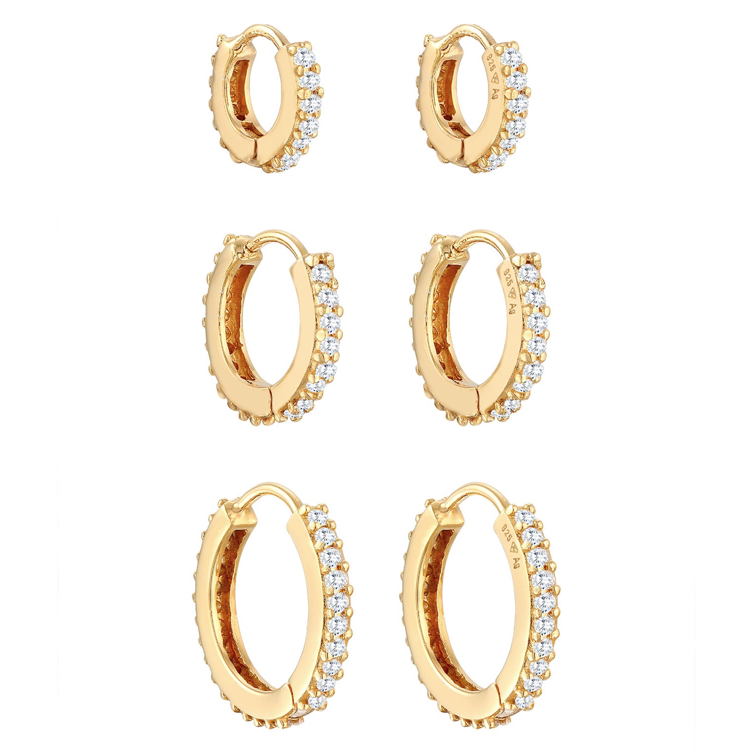 Gold Anting Perhiasan Perak 925 Wanita Creoles Elegant Set Of 3 Zirconia Crystals Gold Plated