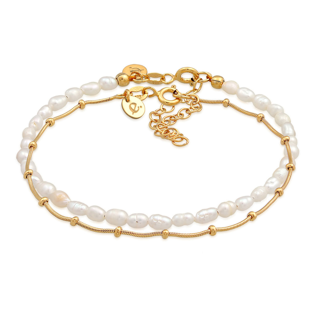 Gold Perhiasan Wanita Perak Asli - Silver Gelang Balls Basic Set Of 2 Freshwater Pearls Gold Plated