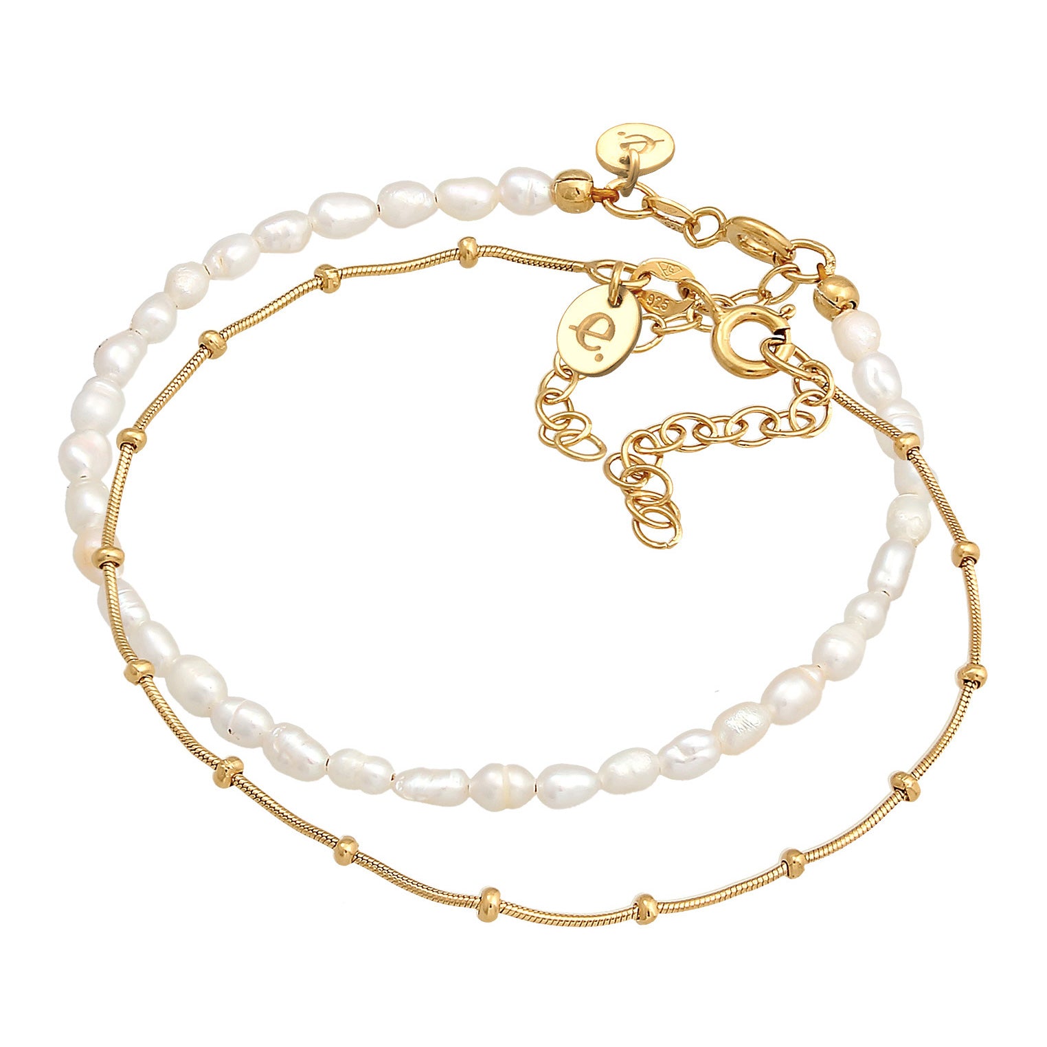 Gold Perhiasan Wanita Perak Asli - Silver Gelang Balls Basic Set Of 2 Freshwater Pearls Gold Plated