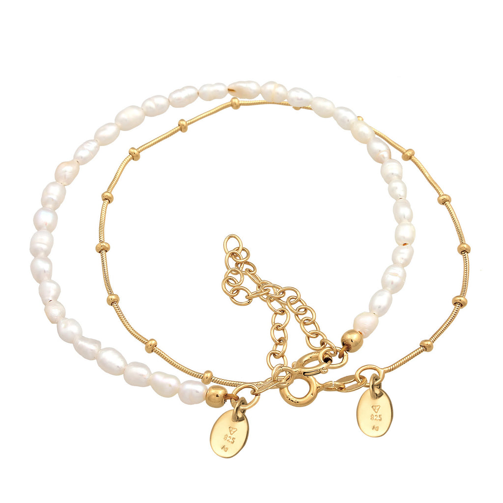Gold Perhiasan Wanita Perak Asli - Silver Gelang Balls Basic Set Of 2 Freshwater Pearls Gold Plated