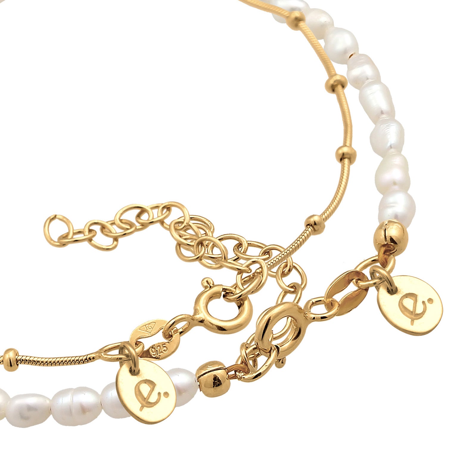 Gold Perhiasan Wanita Perak Asli - Silver Gelang Balls Basic Set Of 2 Freshwater Pearls Gold Plated