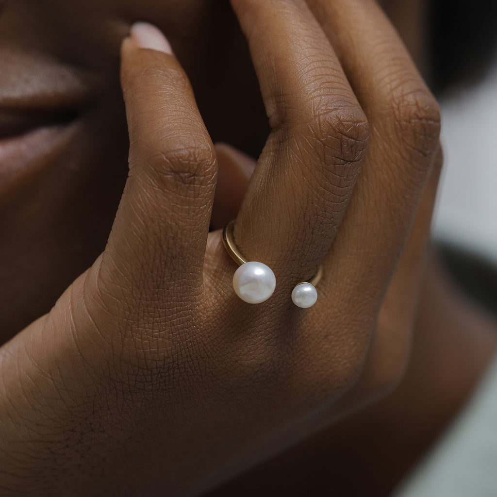 Gold Cincin Perhiasan Perak 925 Wanita Elegant Open Freshwater Pearls Gold Plated