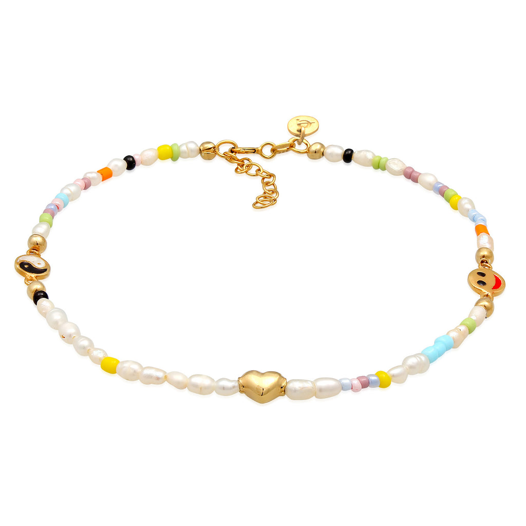 Gold Gelang Kaki Perhiasan Perak 925 Wanita Yin & Yang Heart Smile Freshwater Pearls Gold Plated