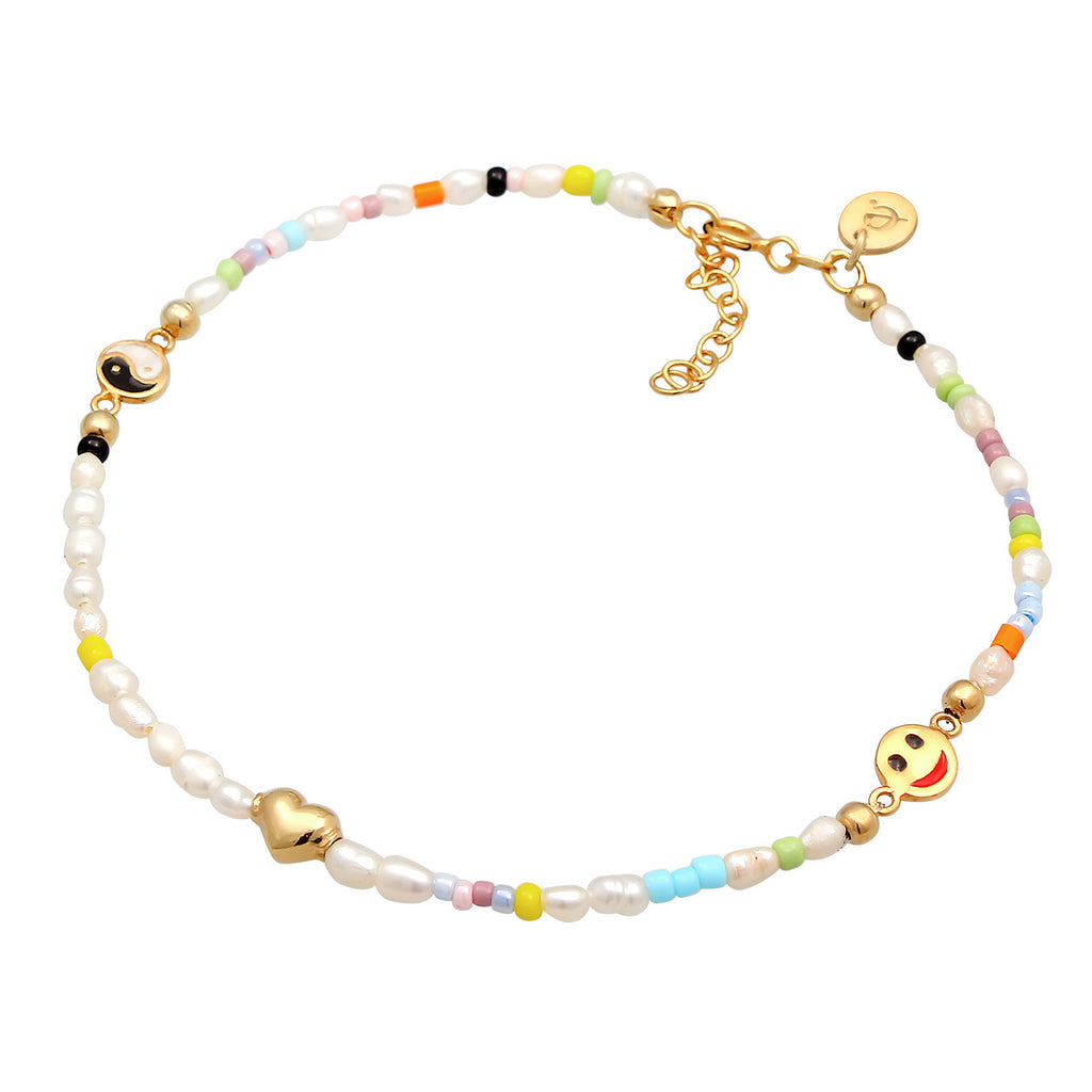 Gold Gelang Kaki Perhiasan Perak 925 Wanita Yin & Yang Heart Smile Freshwater Pearls Gold Plated