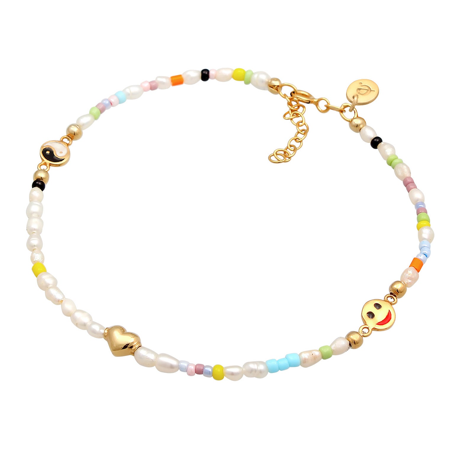 Gold Gelang Kaki Perhiasan Perak 925 Wanita Yin & Yang Heart Smile Freshwater Pearls Gold Plated