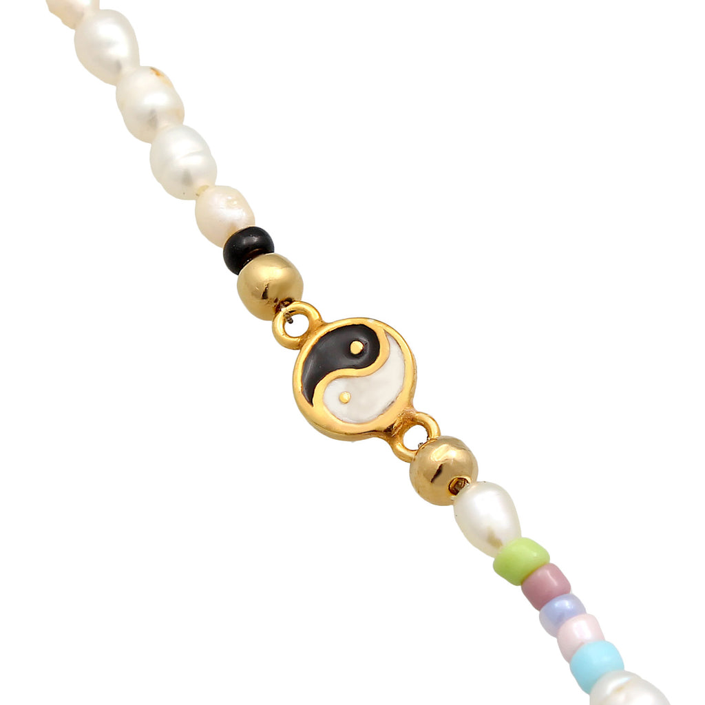 Gold Gelang Kaki Perhiasan Perak 925 Wanita Yin & Yang Heart Smile Freshwater Pearls Gold Plated